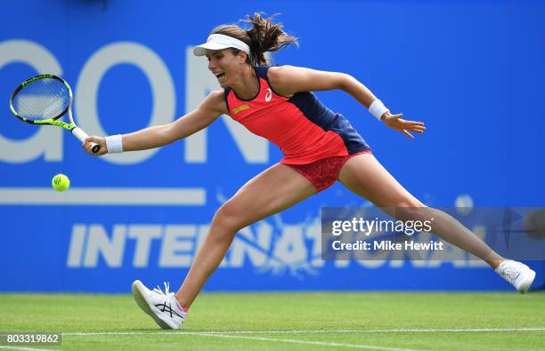 Johanna Konta of Great Britain hits a forehand during the ladies singles round of 16 match against Jelena Ostapenko of Latvia on day five of the...
