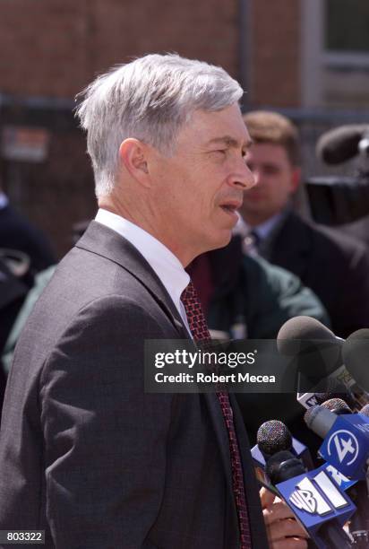 Jonathan Benedict, the prosecutor in the Moxley murder case, talks to the media outside the Stamford, Connecticut courthouse, April 18 where Michael...