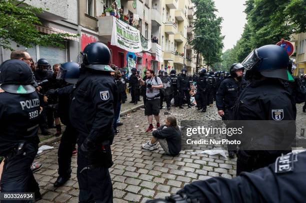 Demonstrator sits during the eviction of the blockade on the ground in Berlin, Germany on 29 June 2017. The shop in the district Neuklln was...