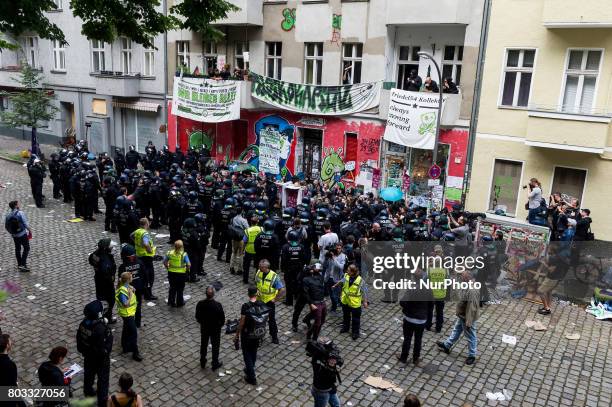 Riot policemen evict the blockade in front of the shop in Berlin, Germany on 29 June 2017. The shop in the district Neuklln was terminated in April...