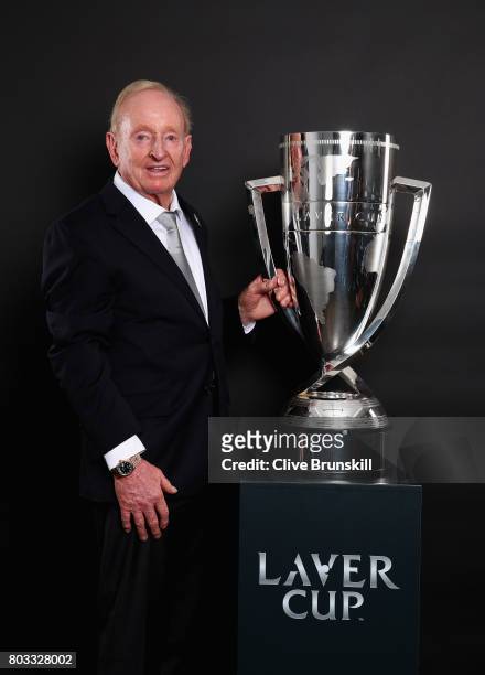 Rod Laver poses with the Laver Cup trophy at the unveiling of the Laver Cup trophy at Cannizaro House on June 29, 2017 in Wimbledon, England.