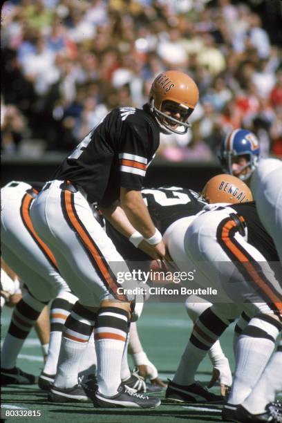 Quarterback Ken Anderson of the Cincinnati Bengals sets the offense against the Denver Broncos during a game at Riverfront Stadium on October 8, 1972...