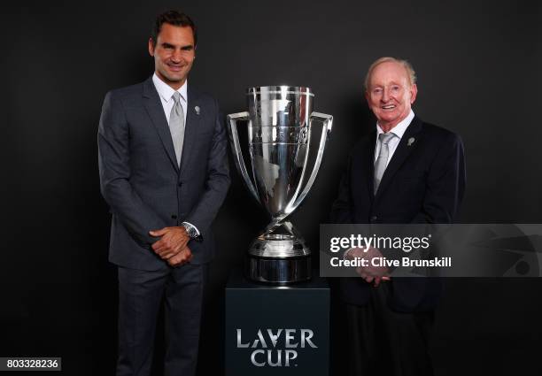 Rod Laver and Roger Federer pose with the Laver Cup trophy at the unveiling of the Laver Cup trophy at Cannizaro House on June 29, 2017 in Wimbledon,...