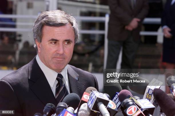 Mickey Sherman, defense attorney for Michael Skakel, listens to questions outside the Stamford, Connecticut courthouse, April 18 where Skakel is...