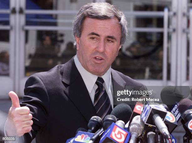Mickey Sherman, defense attorney for Michael Skakel, gestures as he makes a statement outside the Stamford, Connecticut courthouse, April 18 where...