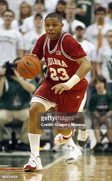Eric Gordon of the Indiana Hoosiers drives the ball against the Michigan State Spartans at the Breslin Center March 2, 2008 in East Lansing,...