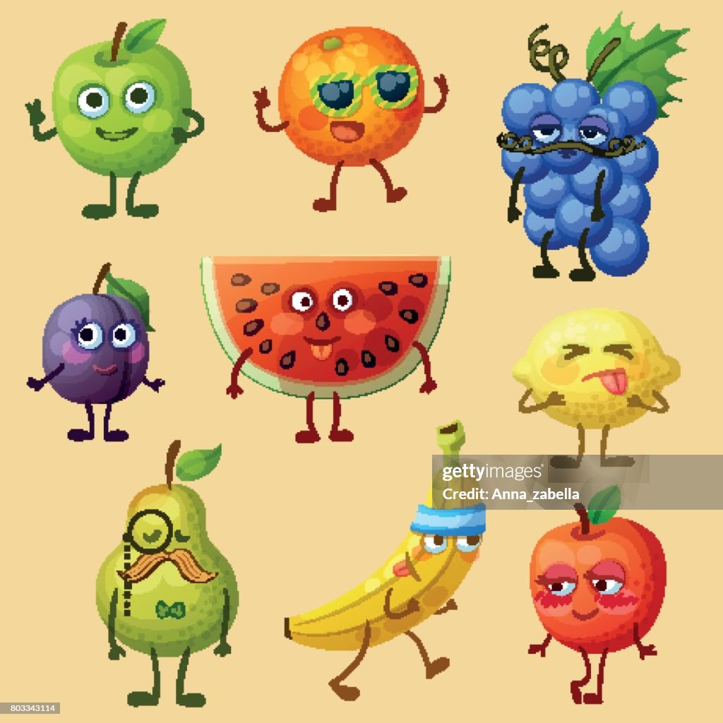 Funny Fruit Characters Isolated On White Background Cheerful Food Emoji  Cartoon Vector Illustration Green Pear Red Apple Yellow Banana Purple Plum  Orange Blue Grape Watermelon Lemon Pear High-Res Vector Graphic - Getty