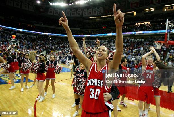 Stephen Curry of the Davidson Wildcats celebrates after a 82-76 victory over the Gonzaga Bulldogs during the 1st round of the 2008 NCAA Men's...