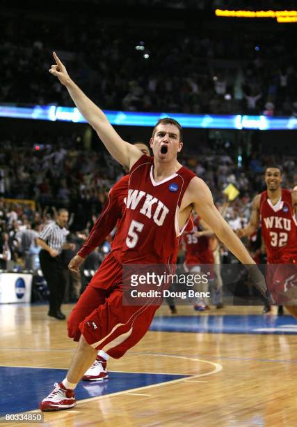 Ty Rogers of the Western Kentucky Hilltoppers celebrates his game-winning basket against the Drake Bulldogs during the first round of the 2008 NCAA...