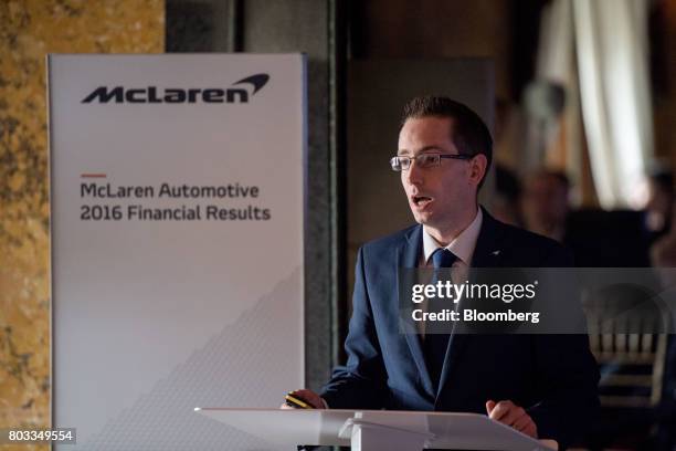 Paul Buddin, chief financial officer of McLaren Automotive Ltd., speaks during a financial results news conference at the Goodwood Festival of...