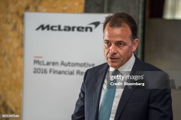 Jolyon Nash, executive director of sales and marketing at McLaren Automotive Ltd., speaks during a financial results news conference at the...