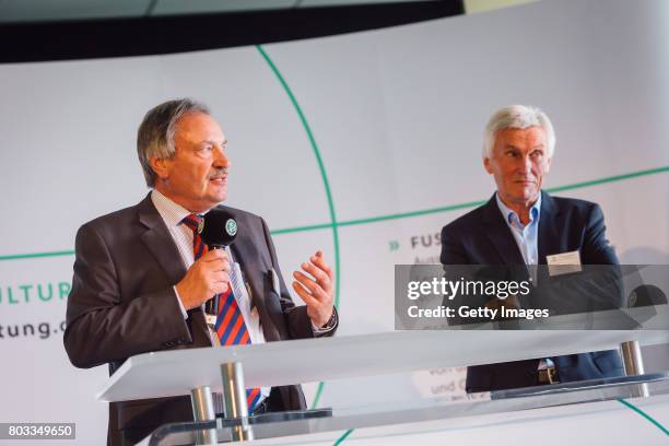 Vice President Social and Societypolitics Eugen Gehlenborg and Dr. Goettrik Wewer look on during the DFB Culture Foundation - Jubilee Meeting at...