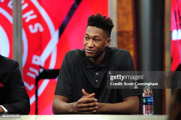 General Manager Travis Schlenk of the Atlanta Hawks introduces new draft picks John Collins, Tyler Dorsey, and Alpha Kaba during a Press Conference...