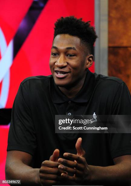 General Manager Travis Schlenk of the Atlanta Hawks introduces new draft picks John Collins, Tyler Dorsey, and Alpha Kaba during a Press Conference...