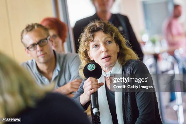 Karin Ploetz of LitCam GmbH talks during the DFB Culture Foundation - Jubilee Meeting at Millerntor Stadium on June 29, 2017 in Hamburg, Germany.