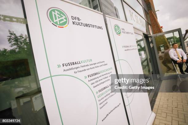 The entrance with DFB Culture Foundation banners is seen during the DFB Culture Foundation - Jubilee Meeting at Millerntor Stadium on June 29, 2017...