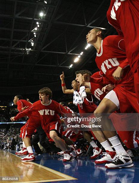 The Western Kentucky Hilltoppers bench celebrates their team's overtime win against the Drake Bulldogs in the first round of the 2008 NCAA Tournament...