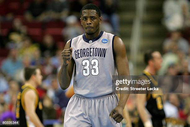 Patrick Ewing Jr. #33 of the Georgetown Hoyas reacts to a call made during their game against the UMBC Retrievers in the 1st round of the 2008 NCAA...