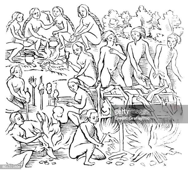 cannibalism by tribe of tupinamba in brazil - cannibalism stock illustrations