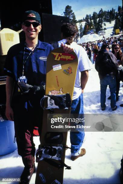 Portrait of an unidentified snowboarder at the LifeBeat Board Aid 2 benefit at Big Bear Lake, California, March 15, 1995.
