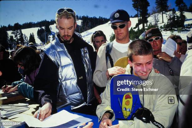 View of unidentified snowboarders at the LifeBeat Board Aid 2 benefit at Big Bear Lake, California, March 15, 1995.