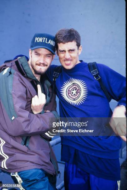 American Rap musician Danny Boy O'Connor , of the group House of Pain, posing with an unidentified man at the LifeBeat Board Aid 2 benefit at Big...