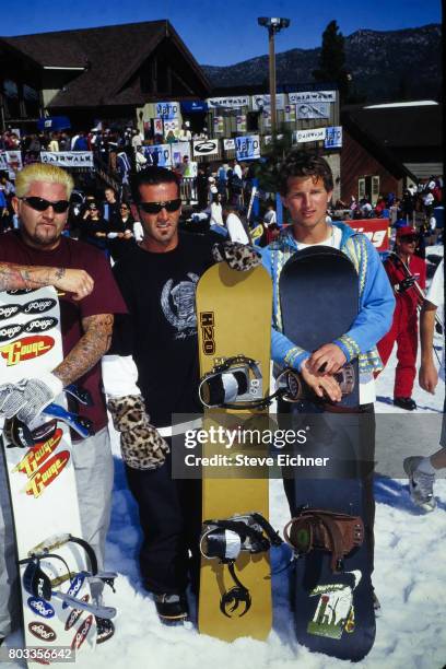 View of unidentified snowboarders at the LifeBeat Board Aid 2 benefit at Big Bear Lake, California, March 15, 1995.