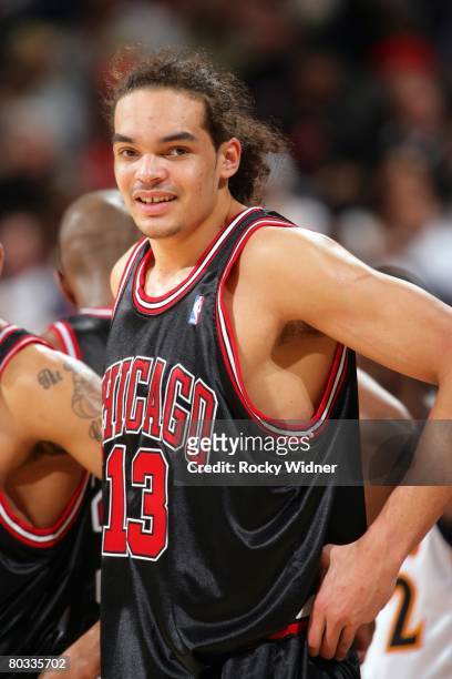 Joakim Noah of the Chicago Bulls looks on during the NBA game against the Golden State Warriors at Oracle Arena in Oakland on February 7, 2008 in...