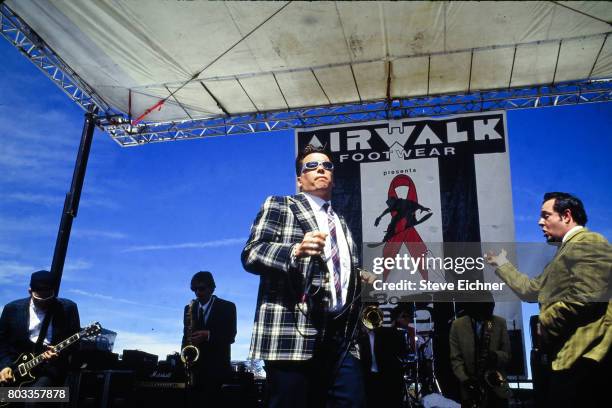 American Rock and Ska group the Mighty Mighty Bosstones perform onstage during the LifeBeat Board Aid 2 benefit concert at Big Bear Lake, California,...