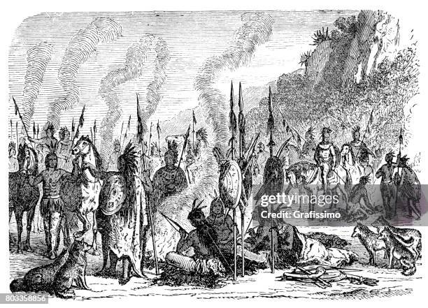 stockillustraties, clipart, cartoons en iconen met native american indian camp 1870 - indian costume