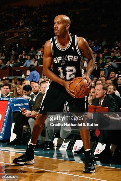 Bruce Bowen of the San Antonio Spurs holds the ball against the New York Knicks during the game on February 8, 2008 at Madison Square Garden in New...