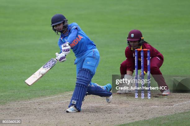 Merissa Aguilleira of The West Indies looks on as Mithali Raj of India scores runs during The ICC Women's World Cup 2017 match betwen The West Indies...