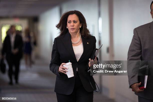 Sen. Kamala Harris arrives for a closed hearing of the Senate Intelligence Committee, June 29, 2017 in Washington, DC. Committee leaders said on...