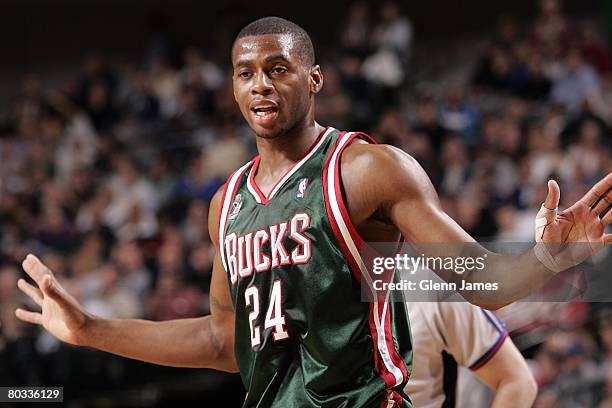 Desmond Mason of the Milwaukee Bucks reacts during the game against the Dallas Mavericks at the American Airlines Center on February 6, 2008 in...