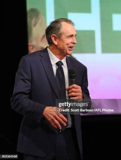 Dr Terry Daniher speaks during of the '50 Years of Sheeds' Dinner on June 29, 2017 in Melbourne, Australia.