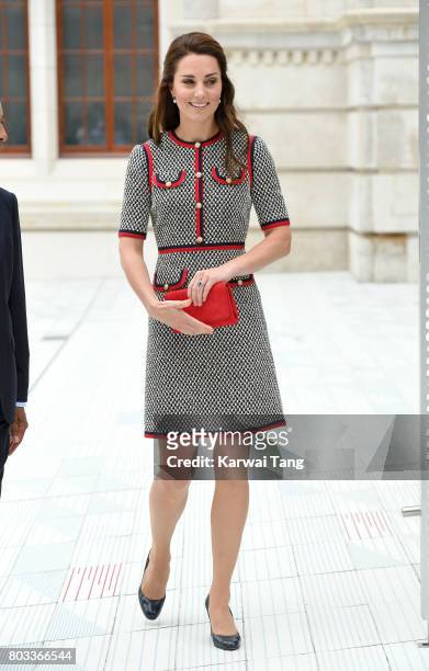Catherine, Duchess of Cambridge visits the Victoria and Albert Museum to officially open the Museum's new entrance, courtyard and exhibition gallery...