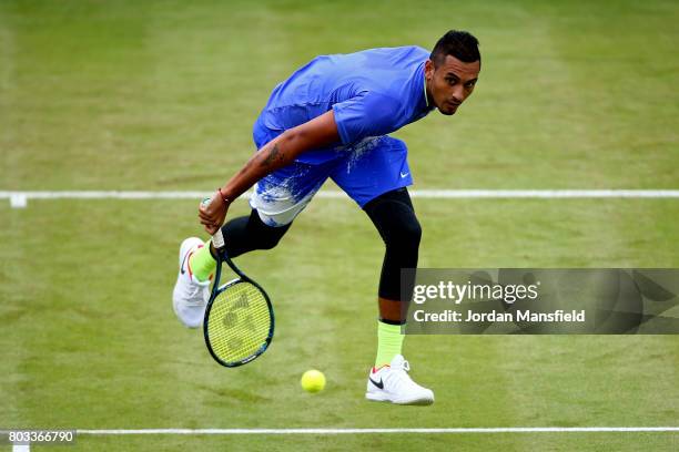 Nick Kyrgios of Australia plays a backhand during his match against Philipp Kohlschreiber of Germany during day three of The Boodles Tennis Event at...