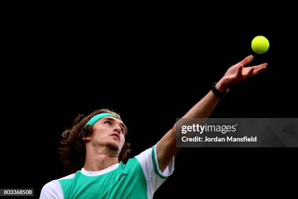 Alexander Zverev of Germany serves during his match against Thanasi Kokkinakis of Australia during day three of The Boodles Tennis Event at Stoke...