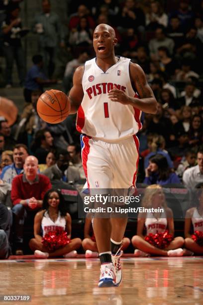 Chauncey Billups of the Detroit Pistons brings the ball upcourt during the game against the Orlando Magic on February 19, 2008 at The Palace of...