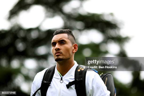 Nick Kyrgios of Australia looks on following his match against Philipp Kohlschreiber of Germany during day three of The Boodles Tennis Event at Stoke...