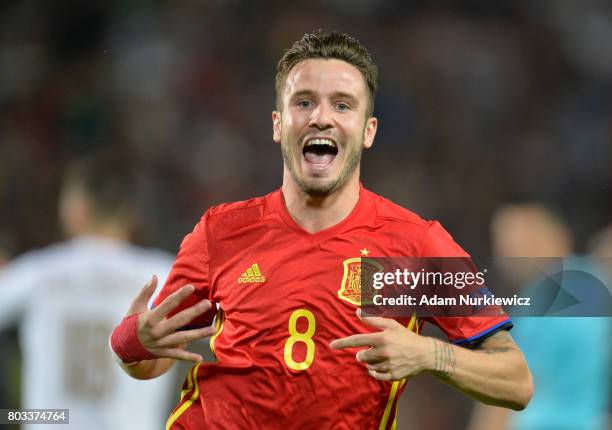 Saul Niguez of Spain celebrates scoring the opening goal during the UEFA European Under-21 Championship Semi Final match between Spain and Italy at...