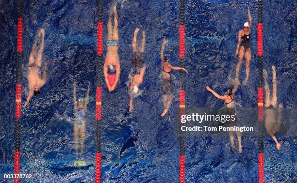 Swimmers warm up during the 2017 Phillips 66 National Championships & World Championship Trials at Indiana University Natatorium on June 29, 2017 in...