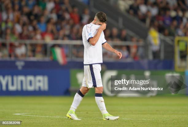 Roberto Gagliardini of Italy leaves the field after being sent off during the UEFA European Under-21 Championship Semi Final match between Spain and...
