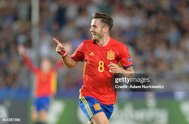 Saul Niguez of Spain celebrates scoring his hat trick goal during the UEFA European Under-21 Championship Semi Final match between Spain and Italy at...