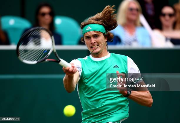 Alexander Zverev of Germany plays a forehand during his match against Thanasi Kokkinakis of Australia during day three of The Boodles Tennis Event at...