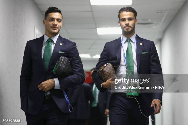 Raul Jimenez of Mexico and Diego Reyes of Mexico arrive at the stadium prior to the FIFA Confederations Cup Russia 2017 Semi-Final between Germany...