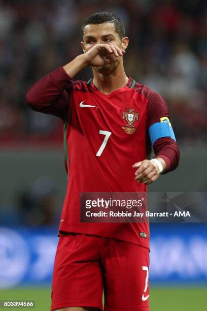 Cristiano Ronaldo of Portugal looks on during the FIFA Confederations Cup Russia 2017 Semi-Final match between Portugal and Chile at Kazan Arena on...