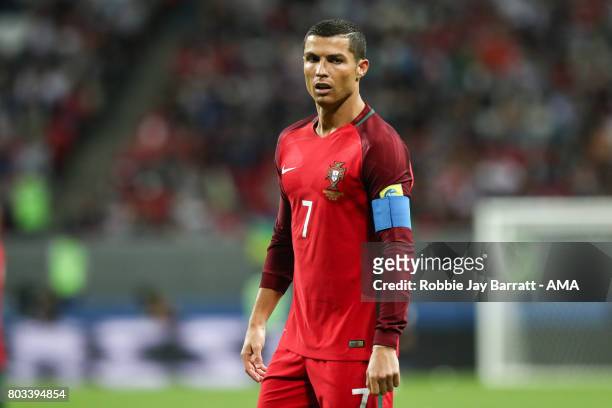 Cristiano Ronaldo of Portugal looks on during the FIFA Confederations Cup Russia 2017 Semi-Final match between Portugal and Chile at Kazan Arena on...