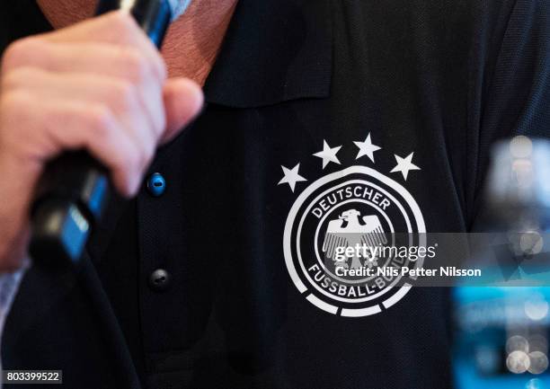 The logo of the German football federation during the Germany U21 national team press conference at Krakow Stadium on June 29, 2017 in Krakow, Poland.