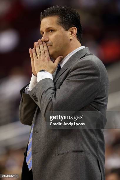 Head coach John Calipari of the Memphis Tigers reacts on the sideline during the game against the Texas-Arlington Mavericks during the first round of...
